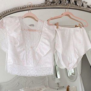 Lily of France White & Pale Pink Lace Trim Pajama Top and Shorts Set